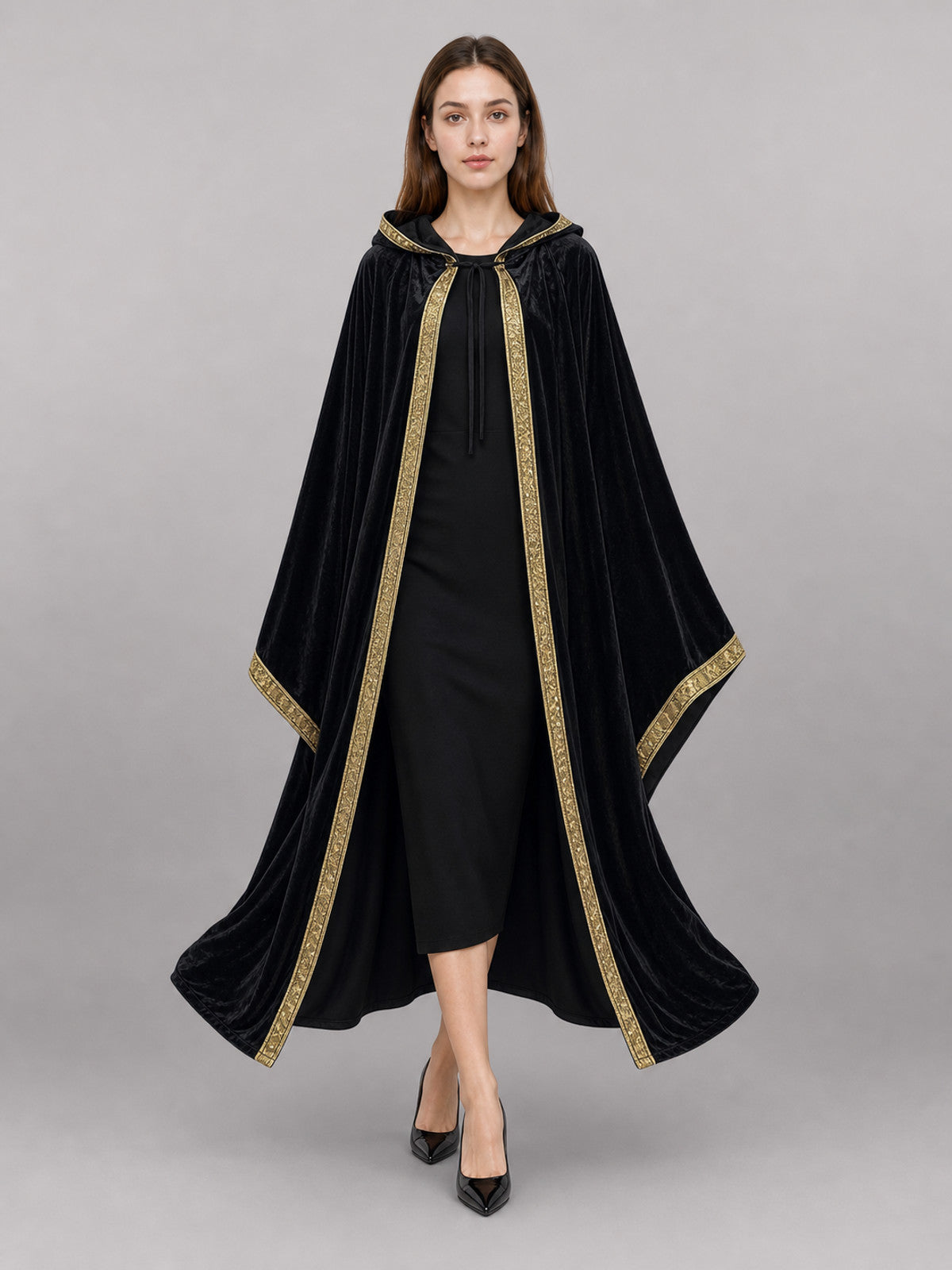 Black Carnival Cloak with Hood and Gold Trim front view
