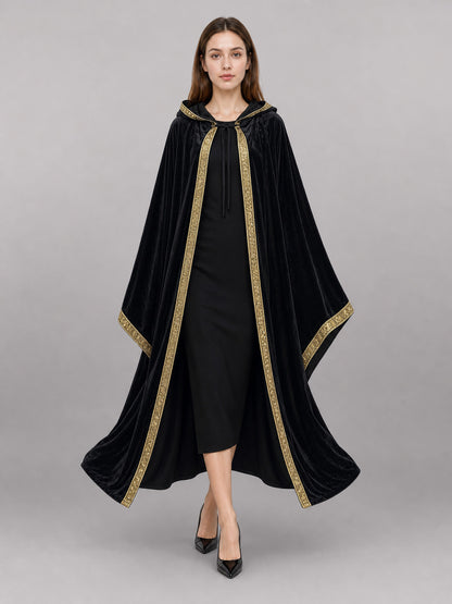 Black Carnival Cloak with Hood and Gold Trim front view