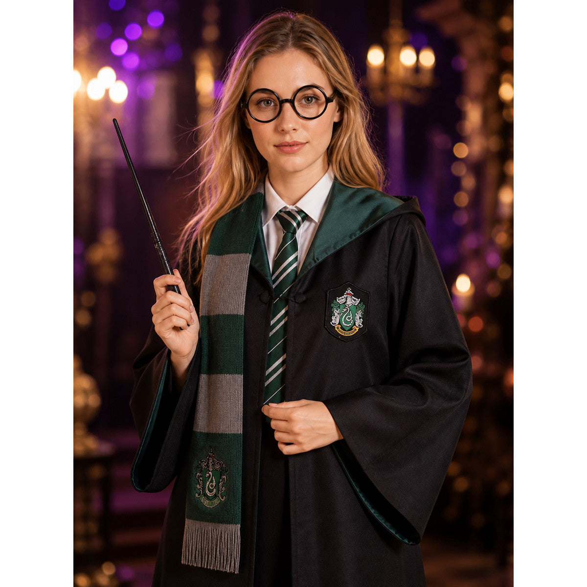 Slytherin Wizard Robe Costume Set for Halloween with Scarf, Tie, Glasses & Wand