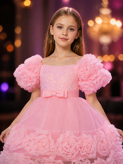 Baby Girls' Pink Princess Formal Dress with Sequins, Bow and Layered Ruffle on-model view