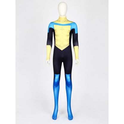 Superhero Muscle Bodysuit Costume, Blue Yellow Cosplay Outfit on-model view