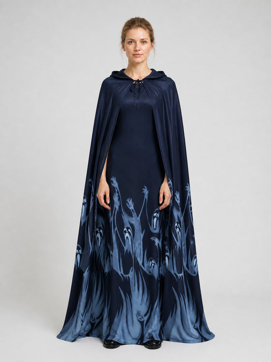 Halloween Hooded Cloak Costume with Ghost Patterns on-model view