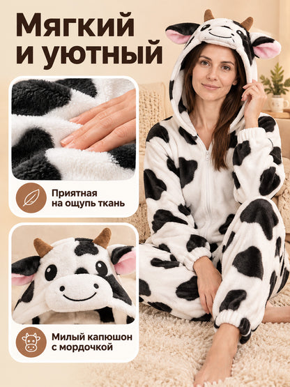 Flannel Cow Hooded Pajama Jumpsuit