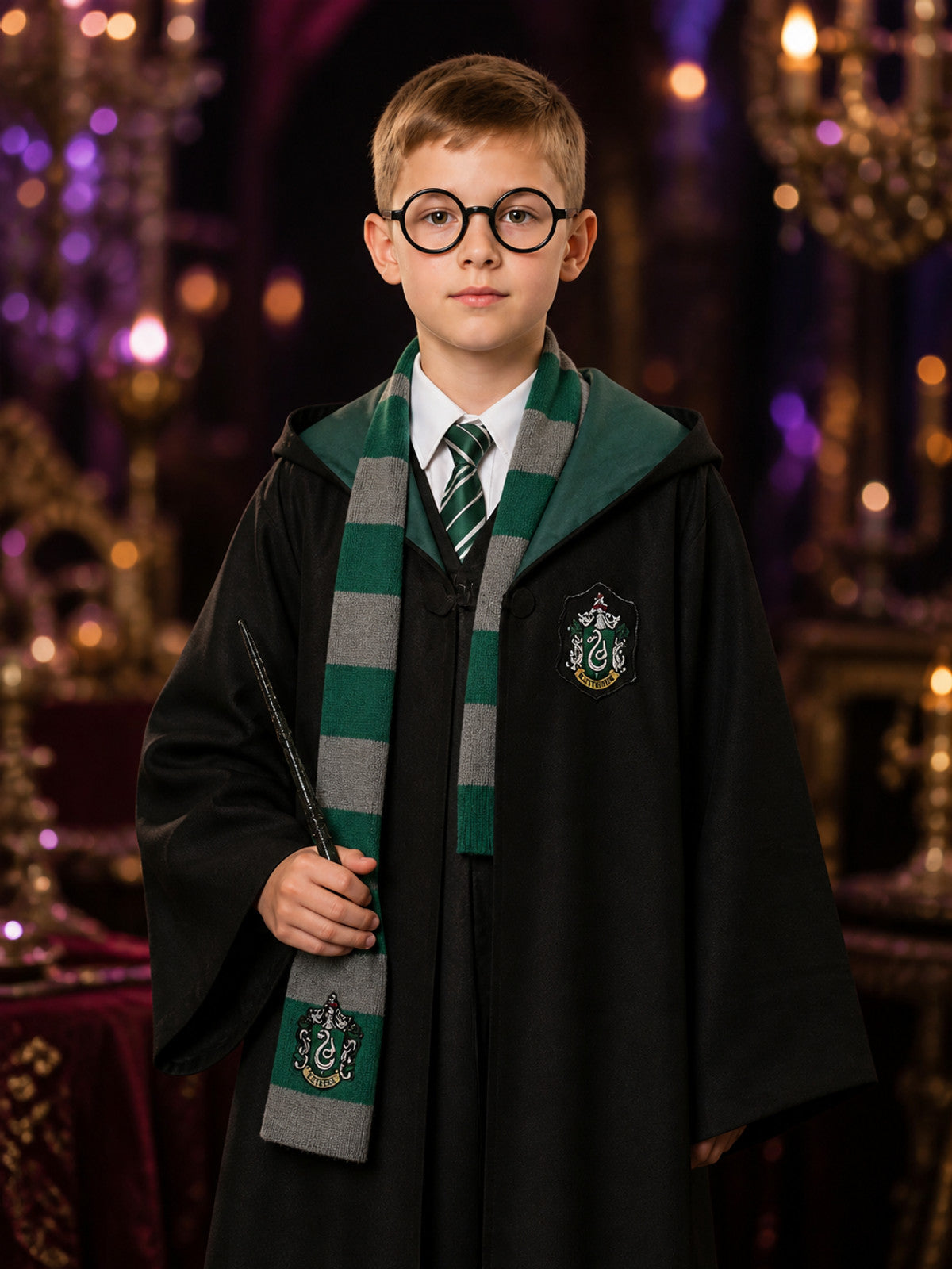Kids Hooded Wizard Robe Costume Set, Five-Piece Cosplay Outfit With Scarf, Tie on-model view