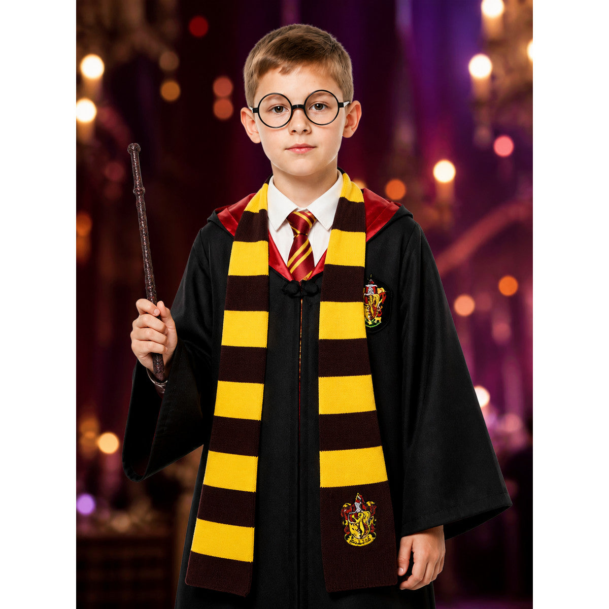 Wizard Robe Halloween Costume Set, Hooded Cape with School Crest, Scarf, Tie