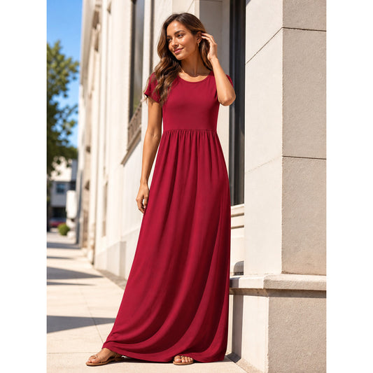 Women's Long Dress with Short Sleeves and Gathering