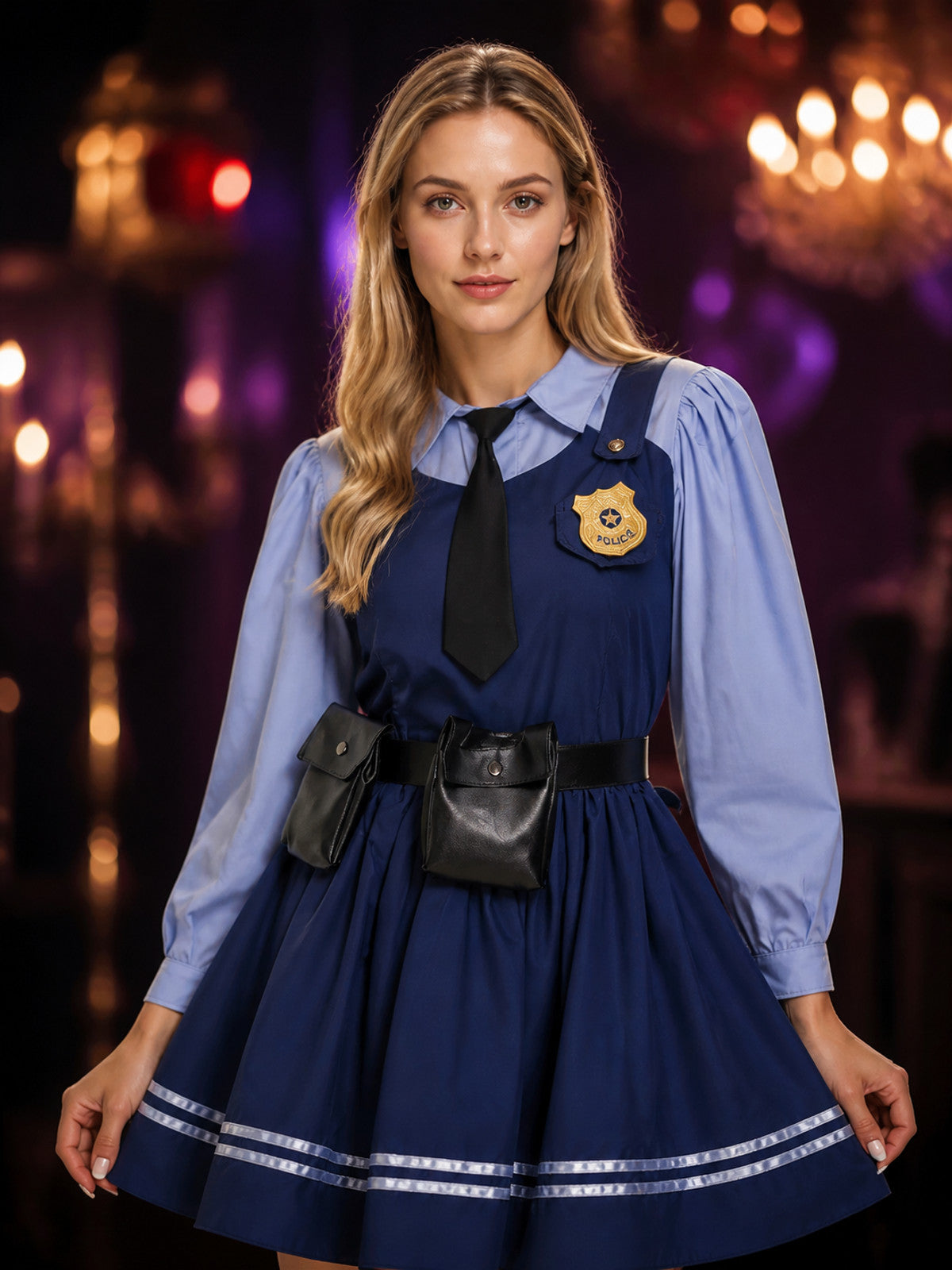 Women's Police Officer Costume Dress, Blue Short Outfit with Badge and Belt on-model view
