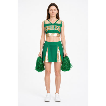 Green Cheerleading Outfit with Gold Accents and “Cheer” Lettering main product view