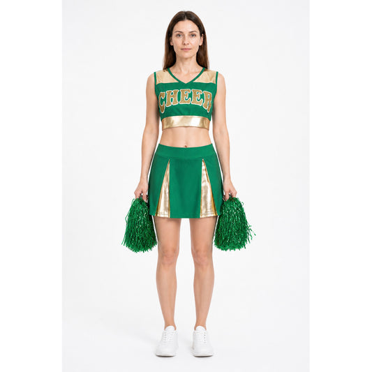 Green Cheerleading Outfit with Gold Accents and “Cheer” Lettering main product view