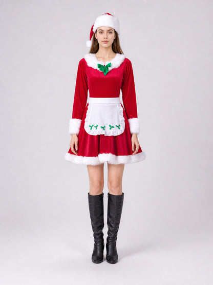 New Year's costume with an apron and green bow on-model view