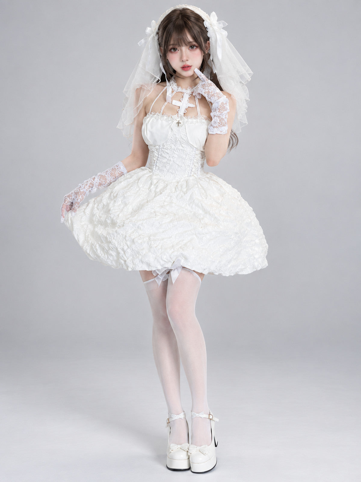 Short White Dress with Corset Bodice, Lace, and Ruffles