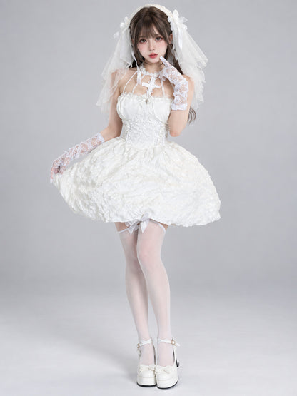 Short White Dress with Corset Bodice, Lace, and Ruffles