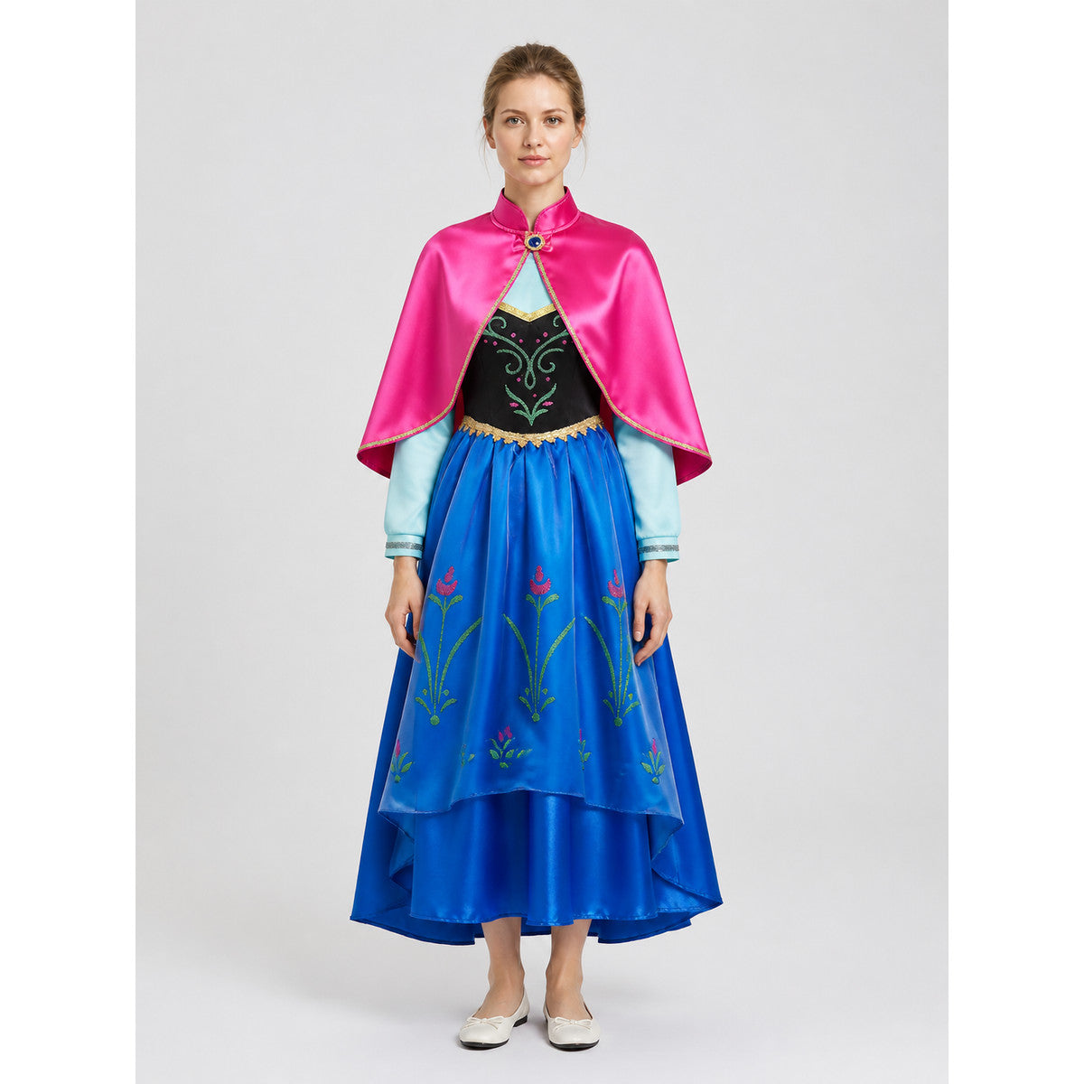 Princess Elsa Dress with Blue Skirt and Pink Cape on-model view