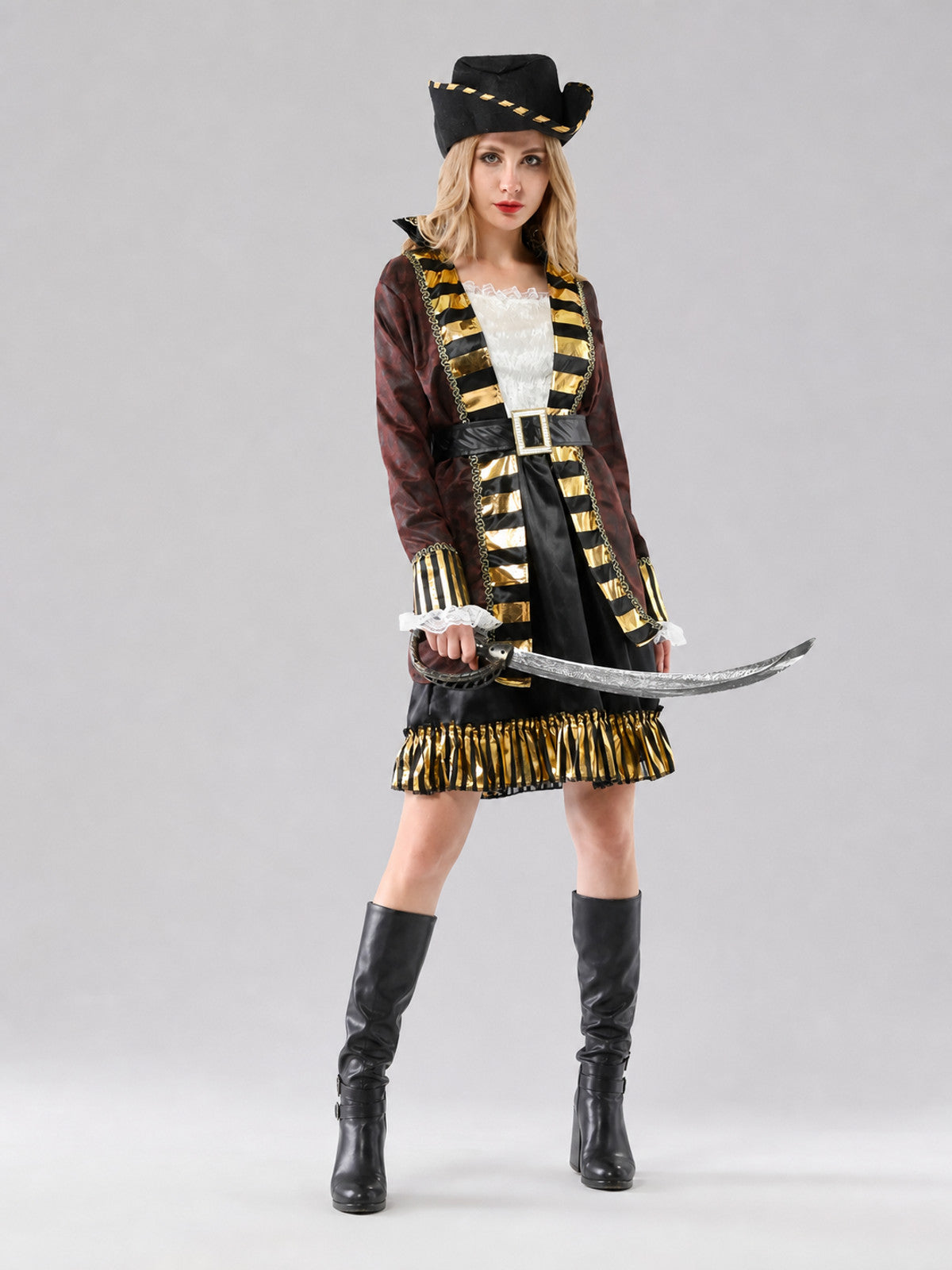 Pirate Carnival Costume with Hat and Belt on-model view
