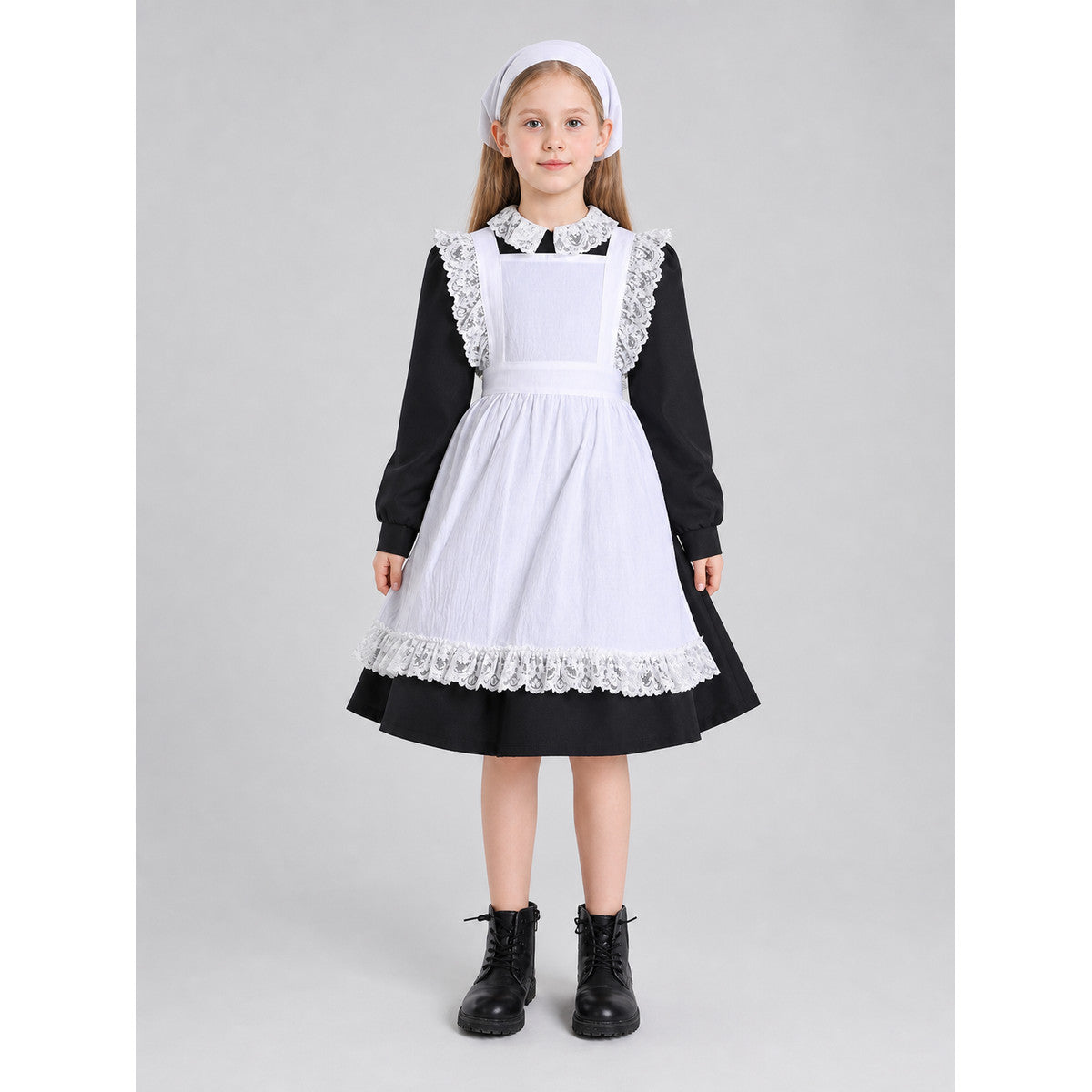 Black and White Maid Costume with Apron on-model view