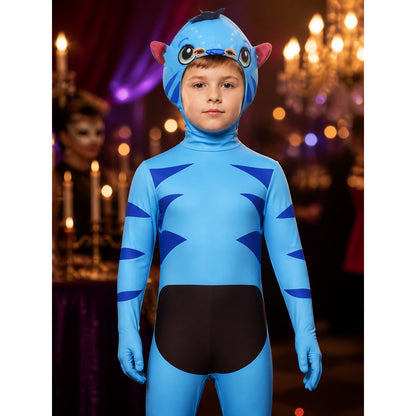 Kids Blue Alien Jumpsuit Costume With Alien Headpiece and Tail on-model view