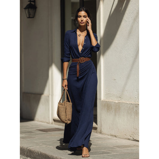 Women's dark navy dress with a belt and long sleeves