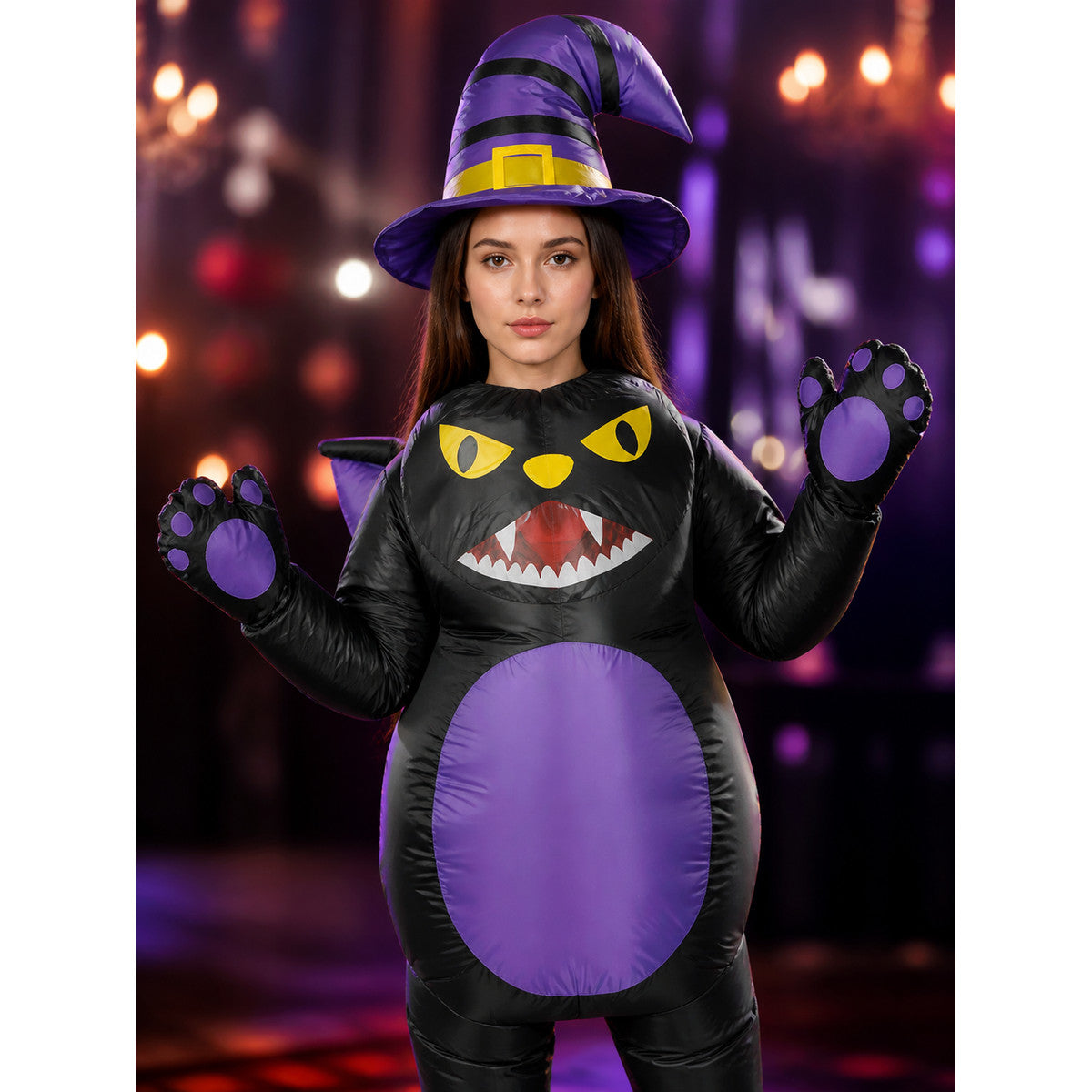 Halloween Cat Animal Jumpsuit Costume With Witch Hat on-model view