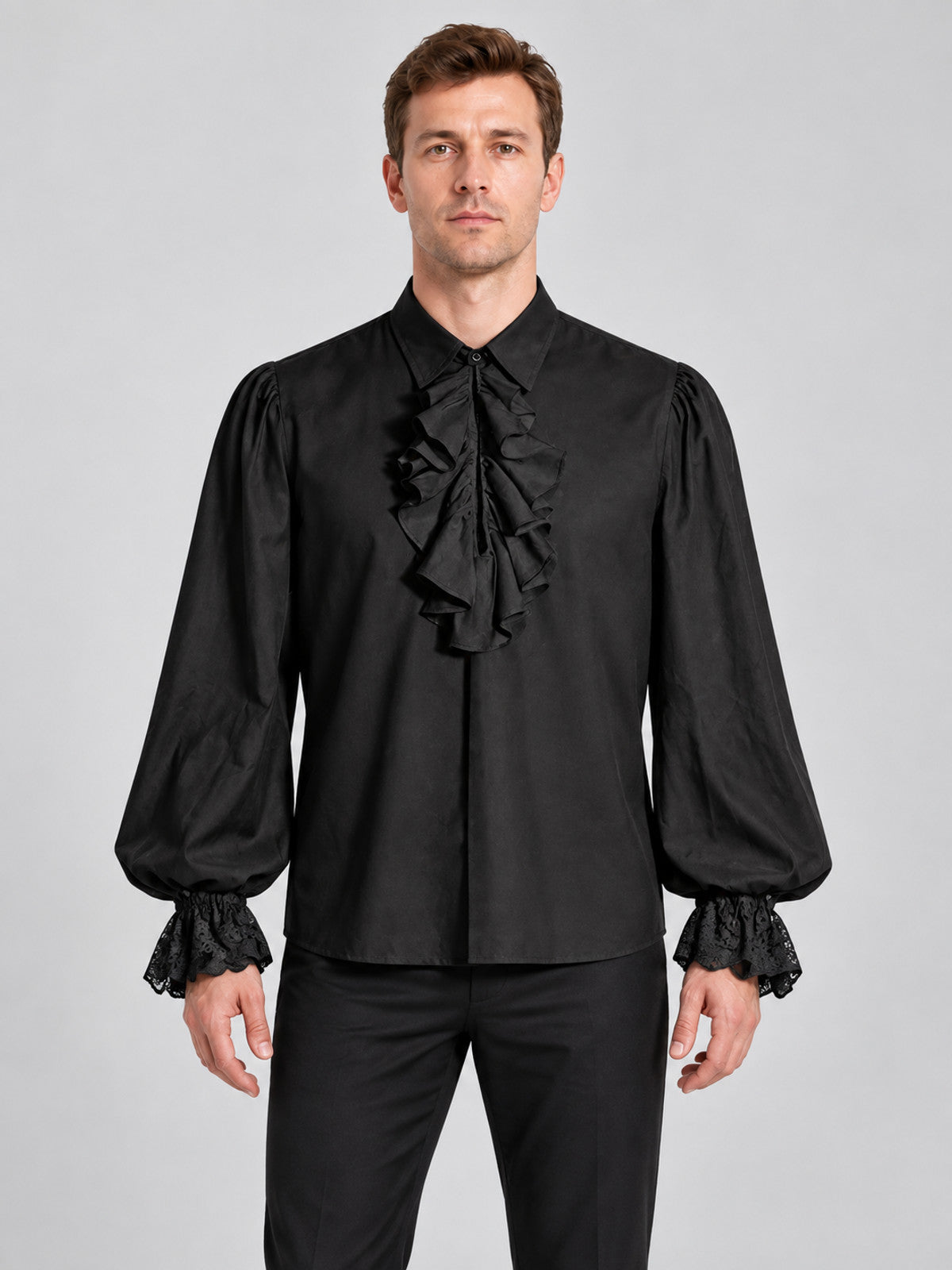 Black shirt with collar, jabot, and ruffled cuffs