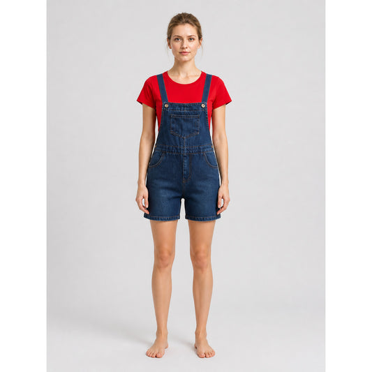 Model wearing the red short-sleeve T-shirt and blue denim overall shorts costume set, front view