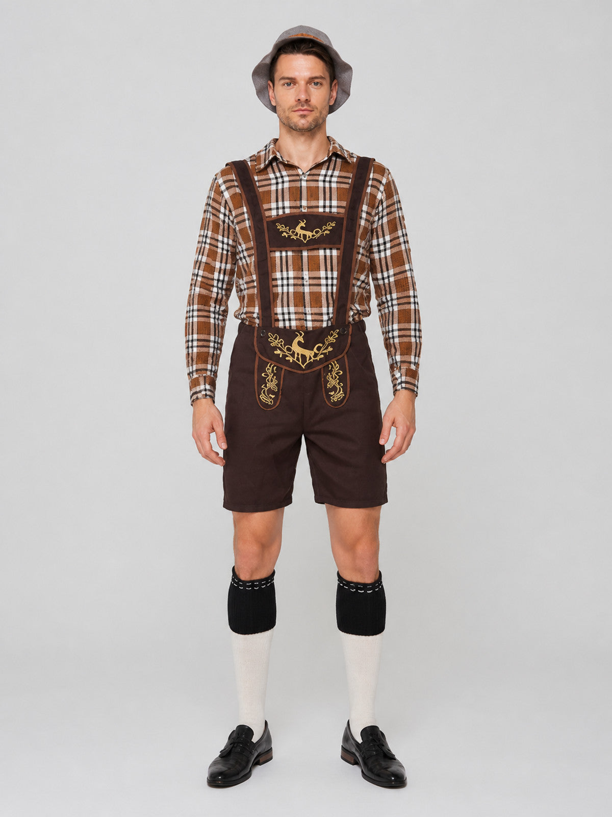 Bavarian Costume: Plaid Shirt, Shorts, and Hat on-model view