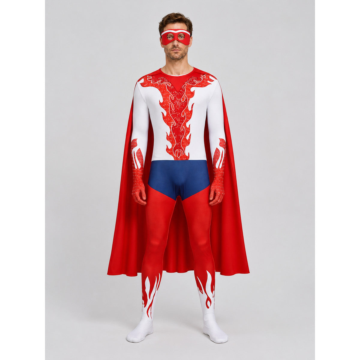 Cosplay Costume with Jumpsuit, Mask, and Cape on-model view