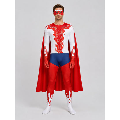 Cosplay Costume with Jumpsuit, Mask, and Cape on-model view