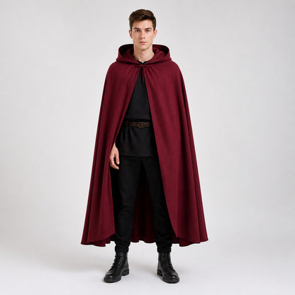 Medieval Hooded Cloak Wine Red Cape with Overlapping Front and Irregular Draped Hem for Cosplay, Theme Parties, Stage Performances and Fantasy Photography