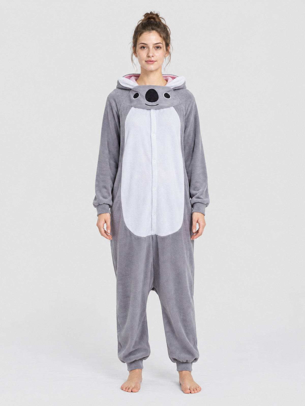 Gray Fleece Hooded Pajama Jumpsuit with Animal Face Hood