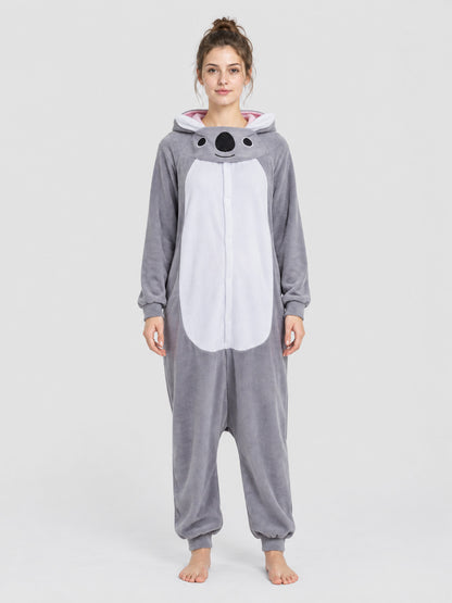 Gray Fleece Hooded Pajama Jumpsuit with Animal Face Hood