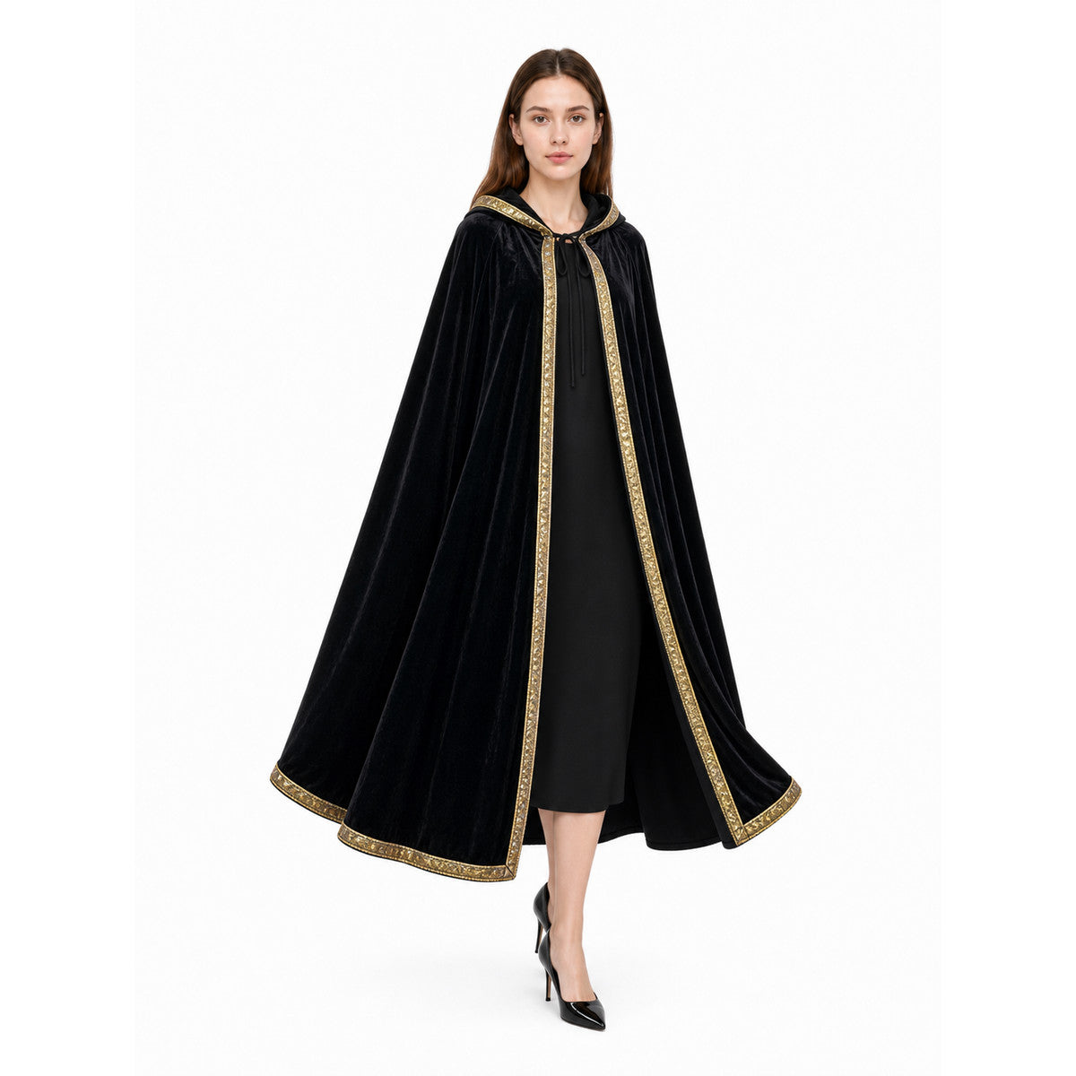 Black Hooded Carnival Cloak for Cosplay front view