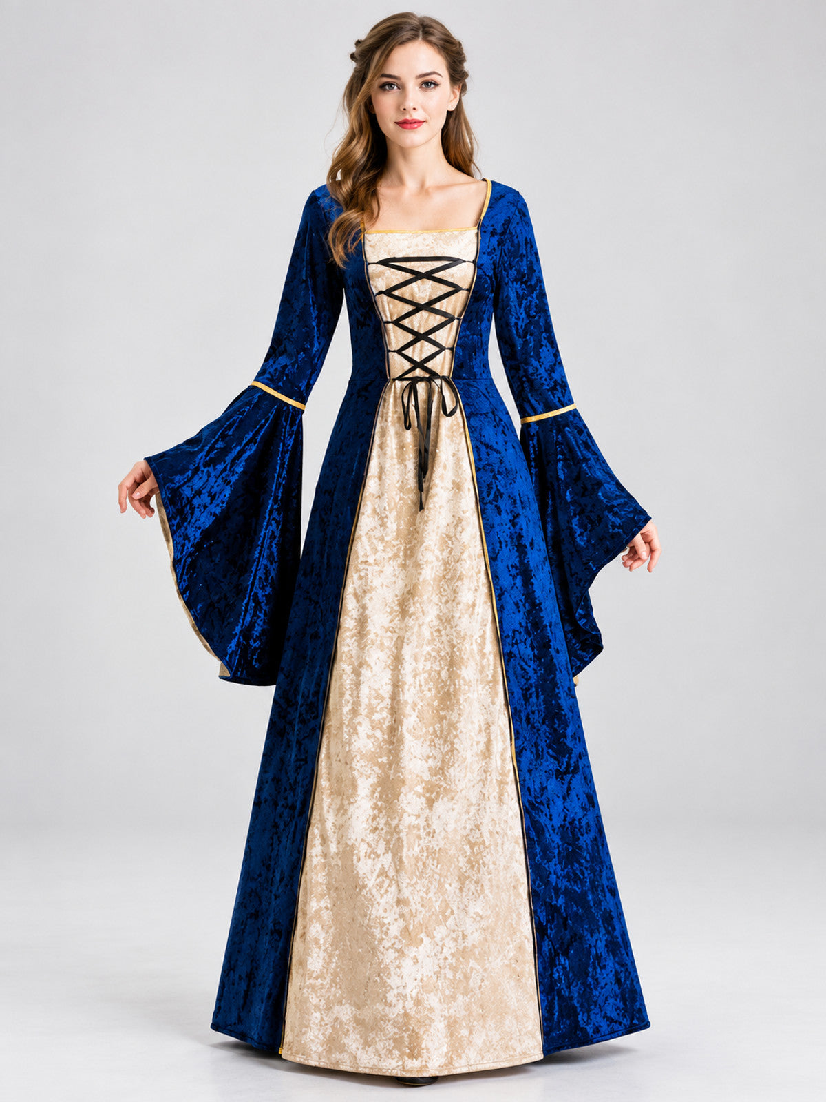 Long Blue Velvet Corset-Style Carnival Dress with Lacing