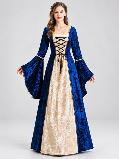 Long Blue Velvet Corset-Style Carnival Dress with Lacing