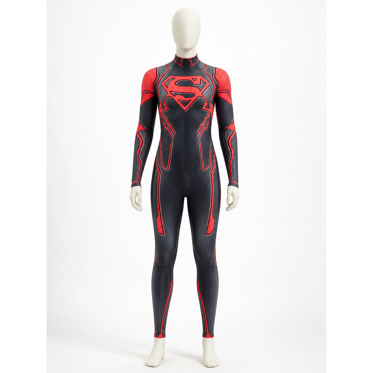 Superboy Stretch Print Bodysuit Costume, Red Black Superhero Jumpsuit on-model view