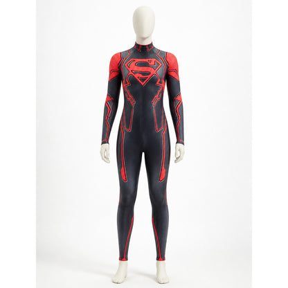 Superboy Stretch Print Bodysuit Costume, Red Black Superhero Jumpsuit on-model view