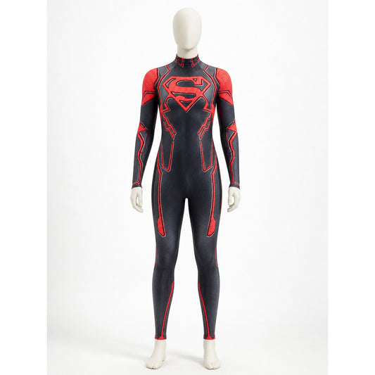 Superboy Stretch Print Bodysuit Costume, Red Black Superhero Jumpsuit on-model view