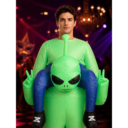 Green Alien Inflatable Costume with Blue Arms, Halloween Party Jumpsuit on-model view