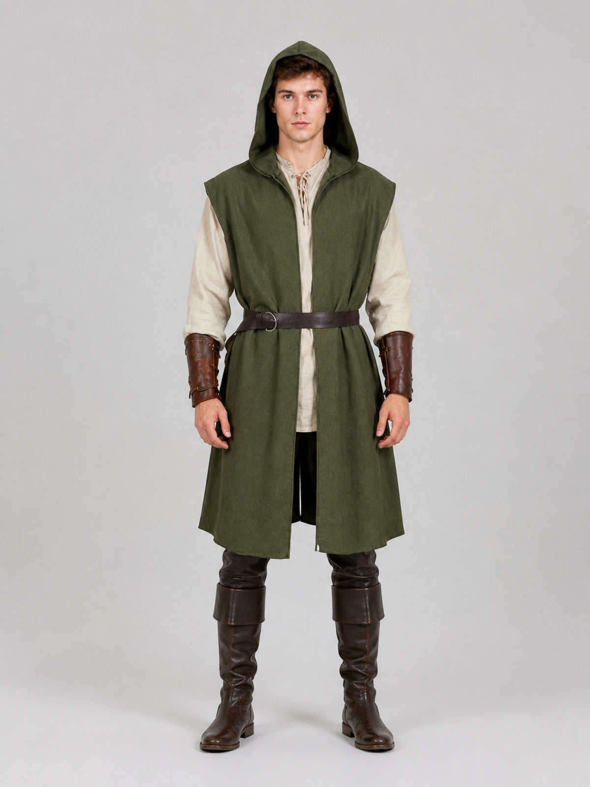Medieval Fantasy Role Play Costume Set, 2-Piece Olive Green Hooded Sleeveless