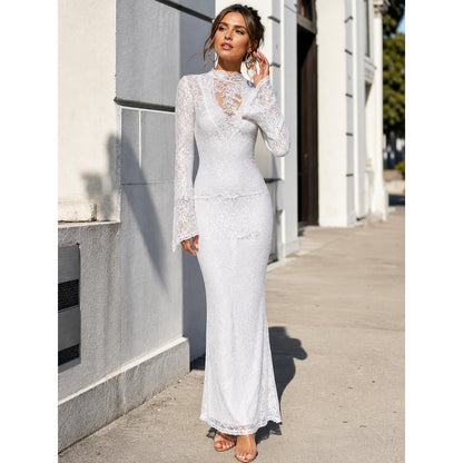 White Long Dress with Lace Pattern and Flared Sleeves main product view