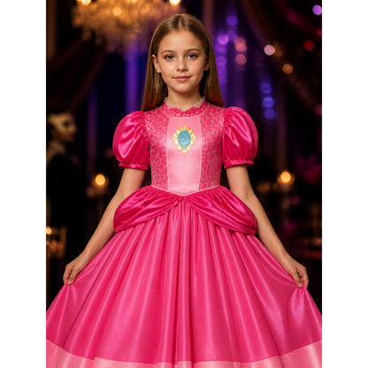 Girls Princess Peach Costume Dress – Pink Puff Sleeve Tutu Gown with Blue Gold on-model view