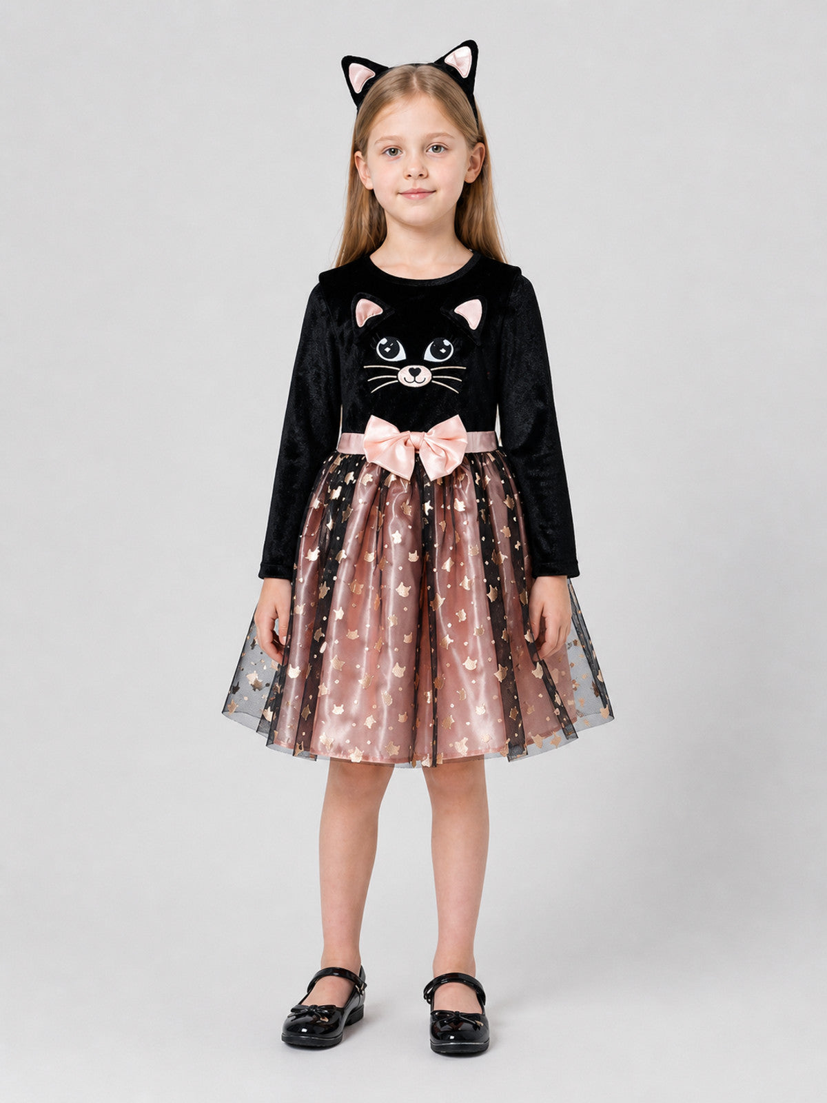 Carnival Dress with Cat Print and Full Skirt on-model view