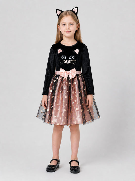 Carnival Dress with Cat Print and Full Skirt on-model view