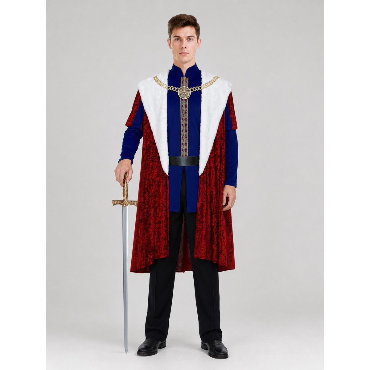 Royal Cosplay Costume with Crown and Cape on-model view