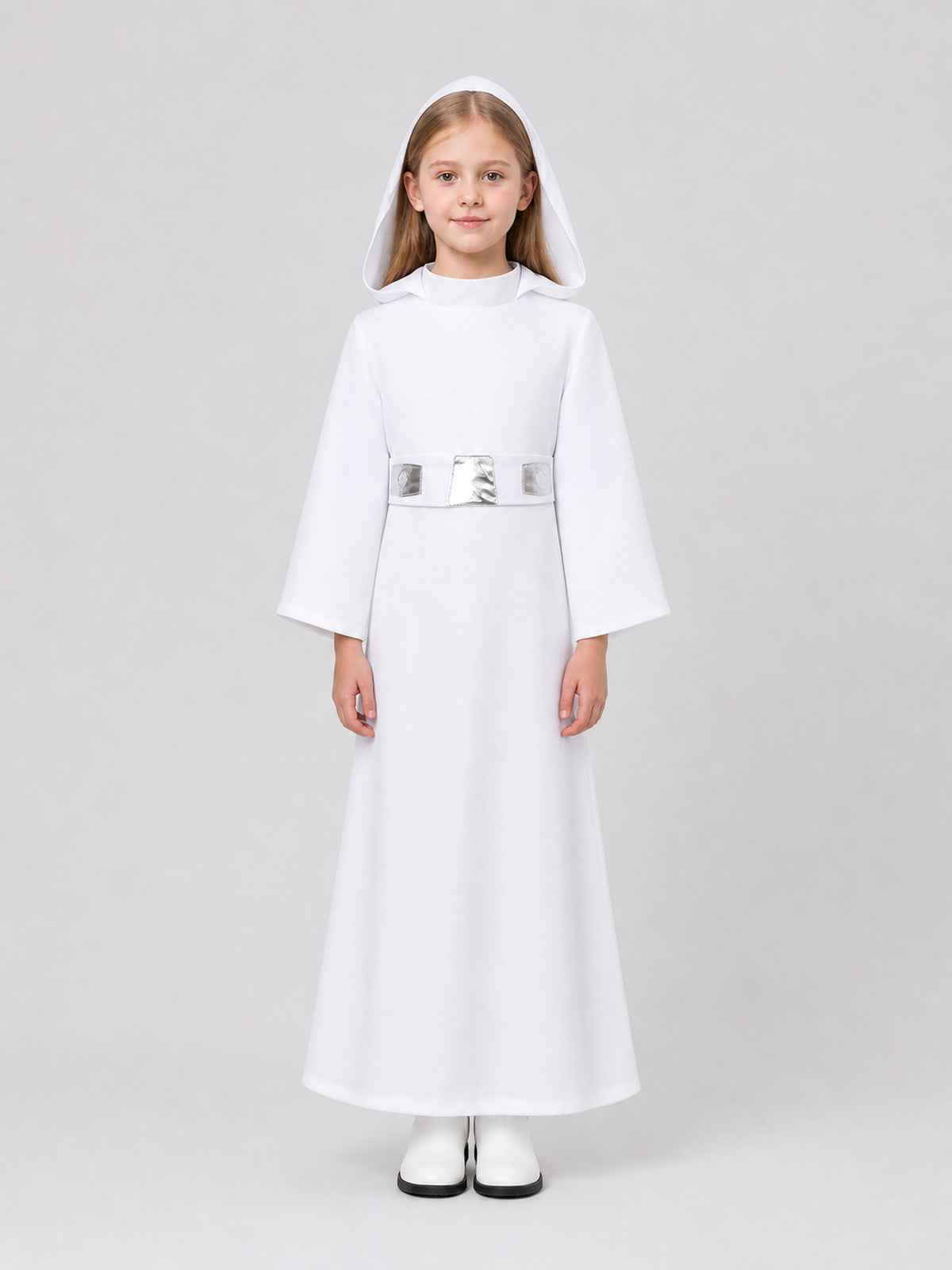 Star Wars Princess Leia Cosplay Cloak, White, with Hood on-model view