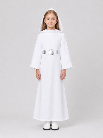 Star Wars Princess Leia Cosplay Cloak, White, with Hood on-model view
