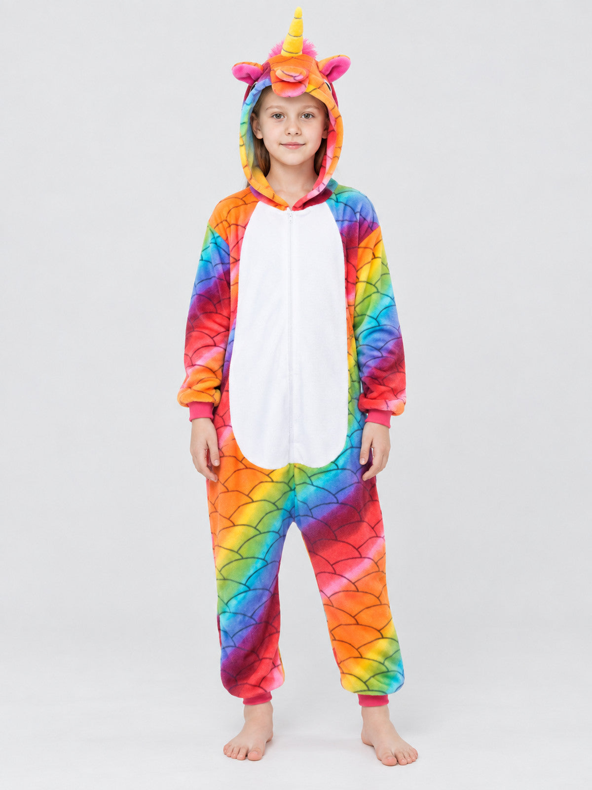 Hooded Pajama Jumpsuit with Horn, Ears, and Rainbow Print