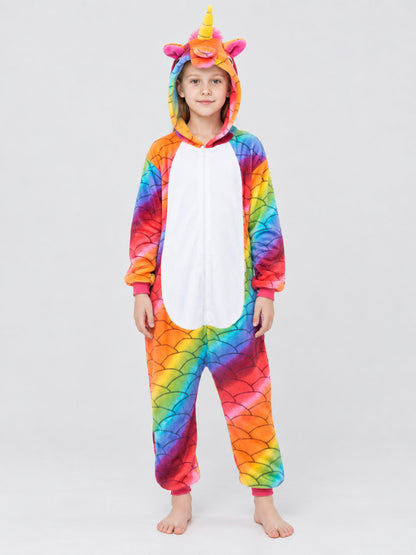 Hooded Pajama Jumpsuit with Horn, Ears, and Rainbow Print
