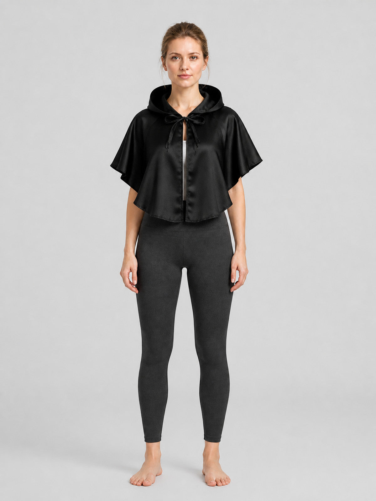 Black Short Hooded Cape with Lacing on-model view