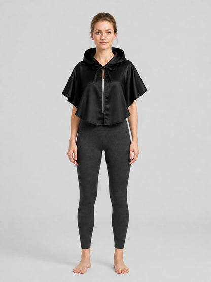 Black Short Hooded Cape with Lacing on-model view