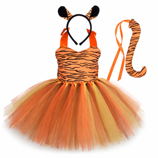 Baby Girls Halloween Animal Cosplay Costume Kids Forest Theme Giraffe Cows Tiger Leopard Zebra Print Tutu Dress Birthday Party - Color:7
